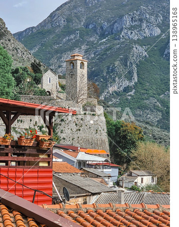 Old Clock Tower in Stari Bar Fortress Montenegro with Mountain Background Historic Architecture Old Clock Tower in Stari Bar Fortress Montenegro with Mountain Background Historic Architecture 138965168