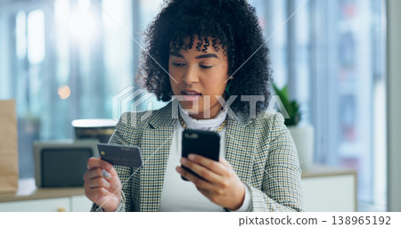 Professional woman, phone and credit card for online shopping, investment and savings or e commerce sign up. African employee with mobile for internet banking, business debit and fintech payment Professional woman, phone and credit card for online shopping, investment and savings or e commerce sign up. African employee with mobile for internet banking, business debit and fintech payment 138965192