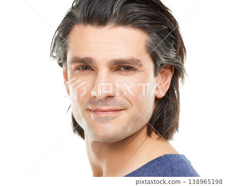 Studio, health and portrait of mature man with confidence, pride and happy on white background. Smile, handsome and closeup face of isolated person in for style, wellness and positive attitude Studio, health and portrait of mature man with confidence, pride and happy on white background. Smile, handsome and closeup face of isolated person in for style, wellness and positive attitude 138965198