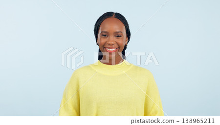 Portrait, young black woman and smile in studio with confidence, good mood or casual fashion isolated on blue background. Happy gen z model with cheerful personality, pride or mockup space in Nigeria Portrait, young black woman and smile in studio with confidence, good mood or casual fashion isolated on blue background. Happy gen z model with cheerful personality, pride or mockup space in Nigeria 138965211