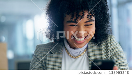 Phone, search and funny with a business woman reading a meme or text message in her professional office. Smile, communication or networking with a happy employee laughing at news on a mobile app Phone, search and funny with a business woman reading a meme or text message in her professional office. Smile, communication or networking with a happy employee laughing at news on a mobile app 138965248