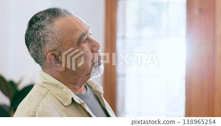 Home, thinking and old man with depression, mental health and lens flare with retirement. Pensioner, apartment and elderly guy feeling alone, memory or sad with stress, anxiety and lonely in a lounge Home, thinking and old man with depression, mental health and lens flare with retirement. Pensioner, apartment and elderly guy feeling alone, memory or sad with stress, anxiety and lonely in a lounge 138965254