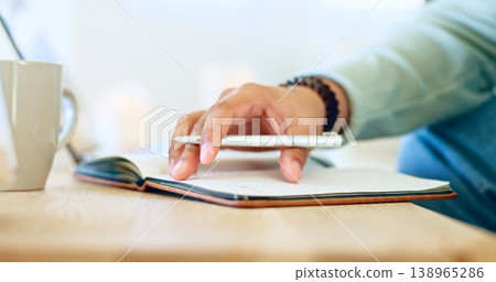 Writing, notebook and hands with pen for planning, diary entry and creative ideas on desk. Paper, books and closeup of person for journal, schedule and agenda or to do list, calendar and notes Writing, notebook and hands with pen for planning, diary entry and creative ideas on desk. Paper, books and closeup of person for journal, schedule and agenda or to do list, calendar and notes 138965286