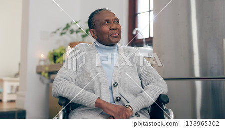 Retirement home, thinking and senior woman in wheelchair, and smile for healthcare, choice and decision. Elderly black person with disability, positive mental health and happy or trust in future 138965302