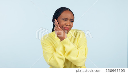 Black woman, toothache and inflammation with pain, unhappy and uncomfortable on isolated studio background. Dental problem, teeth and mouth for cavity, sore and pressure with hands, gums or infection 138965303
