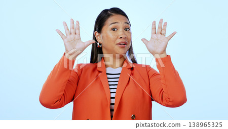 Portrait, warning and woman with stop, rejection and reaction on a blue studio background. Face, person and model with hand gesture, body language and deny with mockup space, feedback and review Portrait, warning and woman with stop, rejection and reaction on a blue studio background. Face, person and model with hand gesture, body language and deny with mockup space, feedback and review 138965325