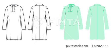 Long sleeve dress with tie neck detail, straight silhouette and clean construction lines, smooth shaping and soft feminine appearance with decorative accent. Technical fashion illustration in black 138965336