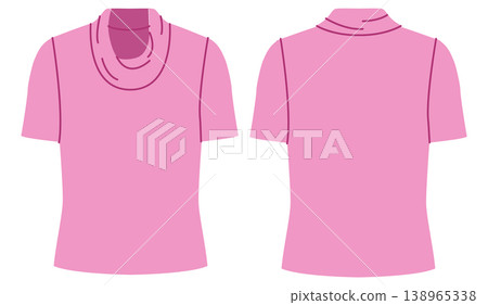 Pink short sleeve cowl neck top with soft draped neckline and fitted silhouette, smooth shaping and flowing upper detail. Technical fashion illustration in flat color, front and back views. Pink short sleeve cowl neck top with soft draped neckline and fitted silhouette, smooth shaping and flowing upper detail. Technical fashion illustration in flat color, front and back views. 138965338