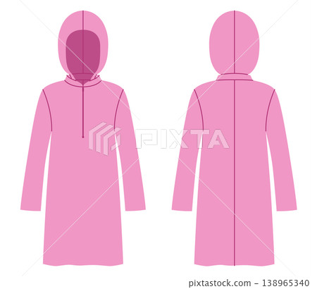 Pink hooded long sleeve dress with minimal silhouette, clean construction lines and smooth shaping, relaxed proportions and simple structure. Technical fashion illustration in flat color, front and Pink hooded long sleeve dress with minimal silhouette, clean construction lines and smooth shaping, relaxed proportions and simple structure. Technical fashion illustration in flat color, front and 138965340
