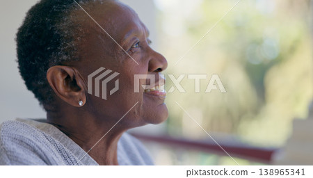 Retirement home, thinking and senior woman in outdoors, and smile for healthcare, choice and decision. Elderly black person, positive mental health and happy for future, trust and relax on balcony 138965341