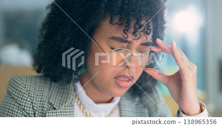 Stress, glasses and business woman with headache in office from eye strain, burnout or pressure. Vertigo, anxiety and face of female manager with migraine, crisis or frustrated by tax, audit or fail Stress, glasses and business woman with headache in office from eye strain, burnout or pressure. Vertigo, anxiety and face of female manager with migraine, crisis or frustrated by tax, audit or fail 138965356