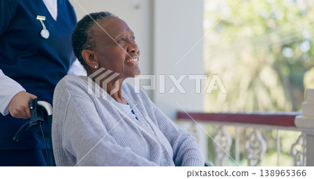 Woman, person with disability or wheelchair for help, balcony or support with smile, nurse or old. Retirement home, healthcare or elderly for medical, retired or worker for patient, caregiver or job Woman, person with disability or wheelchair for help, balcony or support with smile, nurse or old. Retirement home, healthcare or elderly for medical, retired or worker for patient, caregiver or job 138965366