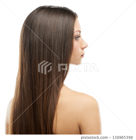 Beauty, haircare and profile of woman isolated in studio with salon hairstyle, confidence and cosmetics. Hair, natural aesthetic and face of model girl with healthy style growth on white background. Beauty, haircare and profile of woman isolated in studio with salon hairstyle, confidence and cosmetics. Hair, natural aesthetic and face of model girl with healthy style growth on white background. 138965398