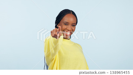 Pointing to you, motivation and black woman with opportunity, choice and announcement on a blue studio background. African person, model or girl with hand gesture, mockup space and feedback with news 138965455