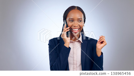 Business woman, smile and phone call in studio for consulting contact, chat or talk on grey background. Happy african worker, mobile communication and conversation for feedback, networking or connect 138965456