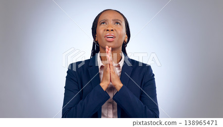 Praying, religion and black woman in a studio for gratitude, forgiveness and hope compassion. Blessing, spiritual and young African female person with prayer hand gesture isolated by gray background. Praying, religion and black woman in a studio for gratitude, forgiveness and hope compassion. Blessing, spiritual and young African female person with prayer hand gesture isolated by gray background. 138965471