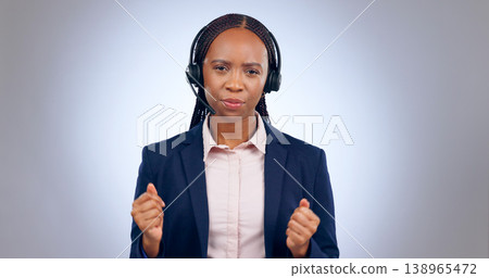 Call center, customer support and portrait of black woman on gray background talking, speaking and consulting. Telemarketing service, communication and person with headset for contact in studio Call center, customer support and portrait of black woman on gray background talking, speaking and consulting. Telemarketing service, communication and person with headset for contact in studio 138965472