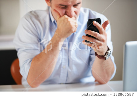 Stress, businessman and a chat on a phone at work with communication, bad news and a glitch. Contact, email and an employee with anxiety, sad or frustrated with an app or notification on a mobile 138965597