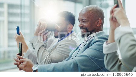 Business people, convention picture and phone at a workshop with news journalist and media staff. Tradeshow, seminar and employee filming with mobile and reporter at a job working at team event 138965640