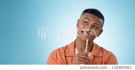 Thinking, pen and man in studio with idea, solution or problem solving on blue background space. Questions, face or male university student with brainstorming emoji for solution, answer or conclusion Thinking, pen and man in studio with idea, solution or problem solving on blue background space. Questions, face or male university student with brainstorming emoji for solution, answer or conclusion 138965663