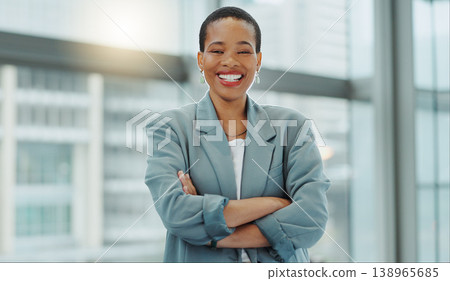 Portrait, business woman and smile with arms crossed for pride, confidence and working in human resources agency in Nigeria. Happy african employee, HR manager or expert staff in professional company Portrait, business woman and smile with arms crossed for pride, confidence and working in human resources agency in Nigeria. Happy african employee, HR manager or expert staff in professional company 138965685