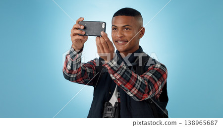 Hiking, man and cellphone with social media, photography and profile picture on a studio background. Person, traveller and model with a smartphone, travel and post with blog, tourism and adventure Hiking, man and cellphone with social media, photography and profile picture on a studio background. Person, traveller and model with a smartphone, travel and post with blog, tourism and adventure 138965687