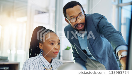Computer, black woman and manager training intern or coaching employee and helping with project, work or collaboration. Mentor, corporate and talking about a question, error or pc learning in Nigeria 138965724