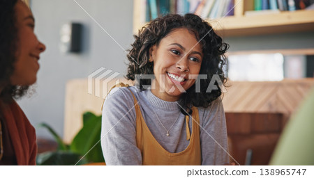 Friends, talk or happy woman in cafe to drink for a fun reunion, discussion or gossip with smile. Gen z girls, students or women with chat, conversation or brunch at restaurant, diner or coffee shop Friends, talk or happy woman in cafe to drink for a fun reunion, discussion or gossip with smile. Gen z girls, students or women with chat, conversation or brunch at restaurant, diner or coffee shop 138965747
