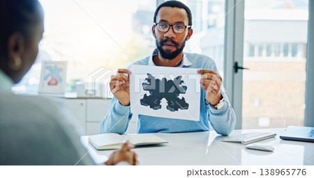 Psychologist man, ink paper and test with woman patient, test and helping for mental health in office. Therapist, document and painting for Rorschach exam, consultation and evaluation for healthcare 138965776