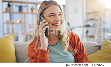 Happy, woman and talking with phone call in living room for communication, networking and chat on sofa. Excited gen z girl smile with smartphone for mobile conversation, contact or digital connection 138965782