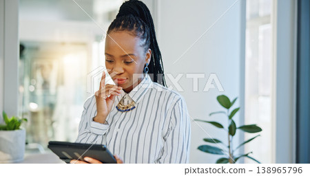 Business woman, tablet and thinking in office with internet, creative idea or communication. African entrepreneur person with technology for networking, online planning or email and social media Business woman, tablet and thinking in office with internet, creative idea or communication. African entrepreneur person with technology for networking, online planning or email and social media 138965796