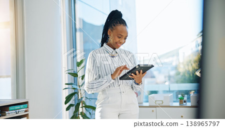 Business woman, tablet and internet in office for communication, creative design or chat. African entrepreneur person with technology for networking, online planning or email and social media Business woman, tablet and internet in office for communication, creative design or chat. African entrepreneur person with technology for networking, online planning or email and social media 138965797