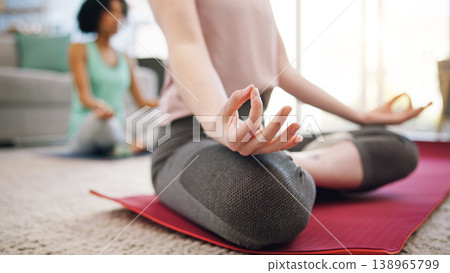Yoga, meditation and lotus, hands of women in home to relax and mindfulness training in living room. Balance, calm and workout, friends in holistic exercise for peace and zen mind health in apartment 138965799