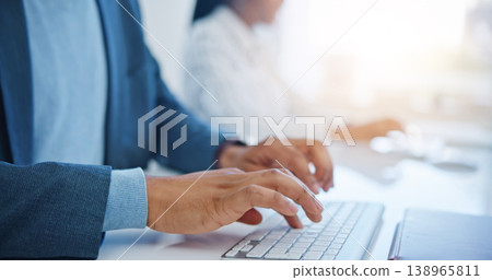 Digital research, developer and programmer writing, programming software or coding app on computer at desk in workplace. Laptop, hands typing and business man in office working on job email or report 138965811