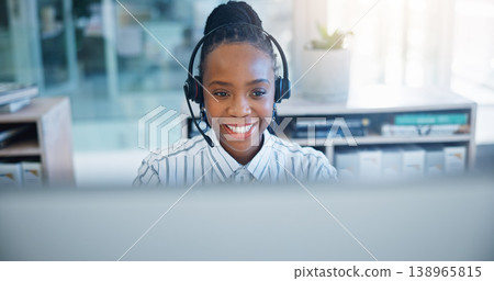 Black woman, call center and consulting on headphones in customer support, service or telemarketing at office. African female person, consultant or agent talking in online advice or help at workplace Black woman, call center and consulting on headphones in customer support, service or telemarketing at office. African female person, consultant or agent talking in online advice or help at workplace 138965815