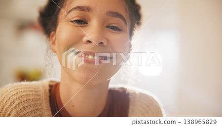 Happy, smile and face of a woman at her home with a sweet, positive and confident personality. Happiness, excited and headshot portrait of a calm young female person alone in her modern apartment. 138965829