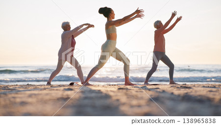 Beach yoga class, sunset and meditation coach teaching breathing, mindfulness and spiritual chakra, aura or soul healing. Ocean waves, relax yogi and personal trainer coaching learning pilates group Beach yoga class, sunset and meditation coach teaching breathing, mindfulness and spiritual chakra, aura or soul healing. Ocean waves, relax yogi and personal trainer coaching learning pilates group 138965838