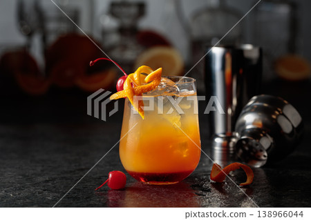 Tequila sunrise cocktail garnished with maraschino cherry and orange zest. 138966044