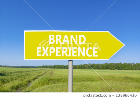Brand experience symbol. Concept words Brand experience on beautiful yellow road sign. Beautiful blue sky green grass field background. Business branding and brand experience concept. Copy space. 138966430