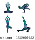 Yoga poses set: Padmasana, Eka Pada Bakasana, Vrksasana (Vrikshasana), Anjaneyasana watercolor silhouettes isolated 138966482