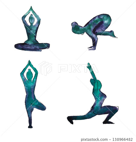Yoga poses set: Padmasana, Eka Pada Bakasana, Vrksasana (Vrikshasana), Anjaneyasana watercolor silhouettes isolated 138966482