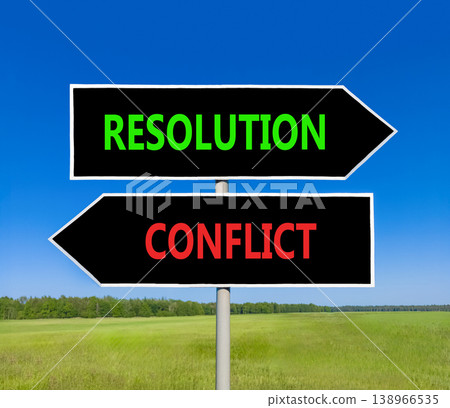 Resolution and conflict symbol. Concept words Resolution and Conflict on beautiful black road sign. Beautiful blue sky green grass background. Social resolution instead conflict concept. Copy space. 138966535