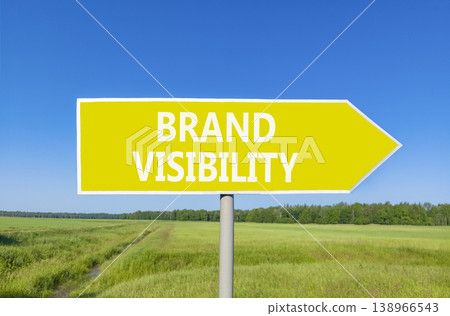 Brand visibility symbol. Concept words Brand visibility on beautiful yellow road sign. Beautiful blue sky green grass field background. Business branding and brand visibility concept. Copy space. Brand visibility symbol. Concept words Brand visibility on beautiful yellow road sign. Beautiful blue sky green grass field background. Business branding and brand visibility concept. Copy space. 138966543