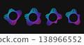 Circular soundwave icons with neon gradient radial bursts in cyan, blue and pink on dark. Abstract sound frequency patterns of dynamic equalizer lines and round audio wave effects for music design. 138966552