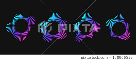 Circular soundwave icons with neon gradient radial bursts in cyan, blue and pink on dark. Abstract sound frequency patterns of dynamic equalizer lines and round audio wave effects for music design. Circular soundwave icons with neon gradient radial bursts in cyan, blue and pink on dark. Abstract sound frequency patterns of dynamic equalizer lines and round audio wave effects for music design. 138966552