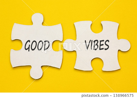 Good vibes words symbol. Concept words Good vibes on beautiful white puzzles. Beautiful yellow background. Business lifestyle and Good vibes words concept. Copy space. 138966575