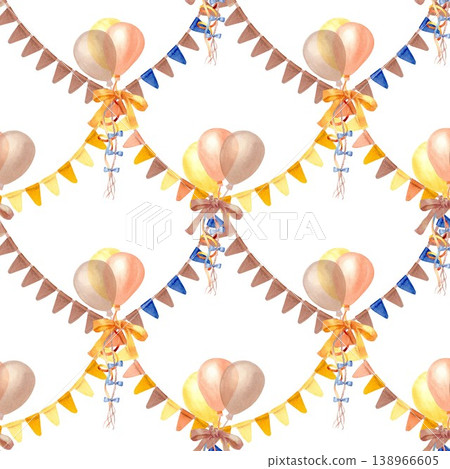 A vibrant seamless pattern featuring garlands of triangular flags and yellow, brown, and orange balloons. Hand-drawn in watercolor on an isolated background, this design is perfect for birthdays. A vibrant seamless pattern featuring garlands of triangular flags and yellow, brown, and orange balloons. Hand-drawn in watercolor on an isolated background, this design is perfect for birthdays. 138966605