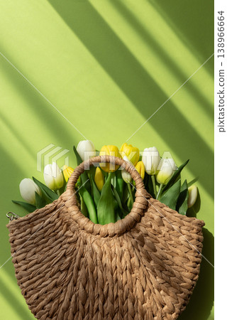 Mothers Day Straw Bag with Colorful Tulips on Green Background Mothers Day Straw Bag with Colorful Tulips on Green Background 138966664