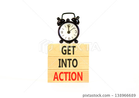 Get into action words symbol. Concept words Get into action on beautiful wooden blocks. Beautiful white background. Black alarm clock. Business and Get into action concept. Copy space. Get into action words symbol. Concept words Get into action on beautiful wooden blocks. Beautiful white background. Black alarm clock. Business and Get into action concept. Copy space. 138966689