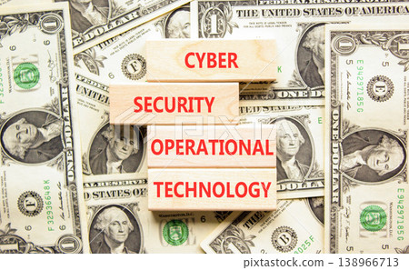 Cyber security symbol. Concept words Cyber security operational technology on beautiful wooden blocks. Beautiful dollar background. Business Cyber security operational technology concept. Copy space. 138966713